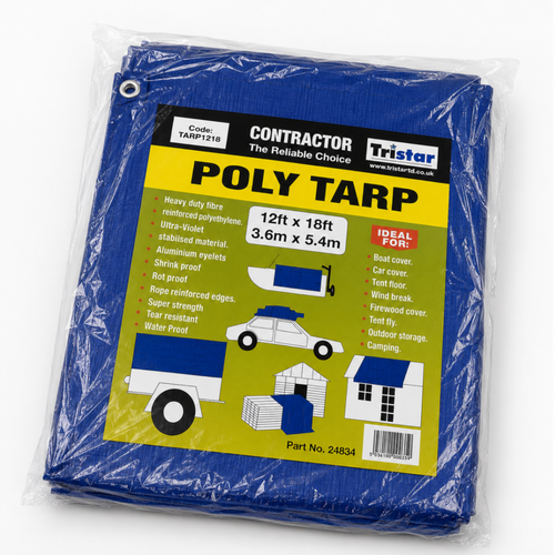 Tristar poly tarp in packaging with product details on a white background
