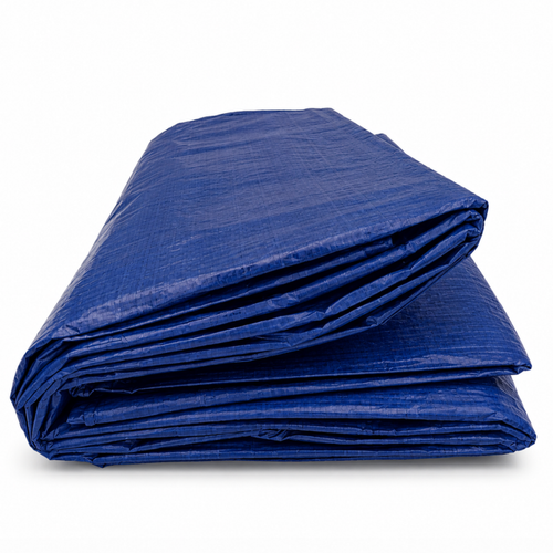 Folded blue tarp on a white background