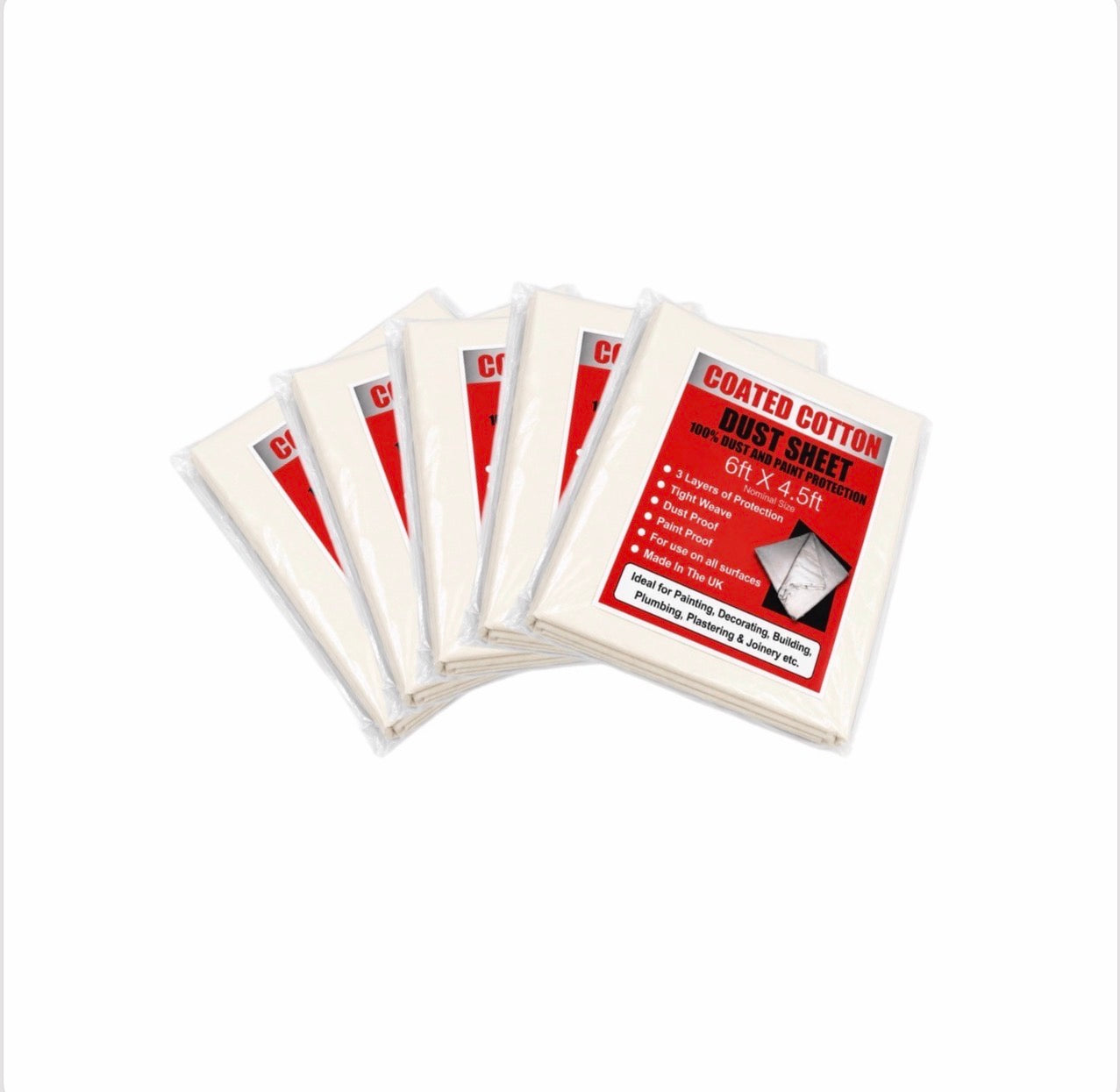 5 Packs of Coated Cotton Dust Sheets on a white background