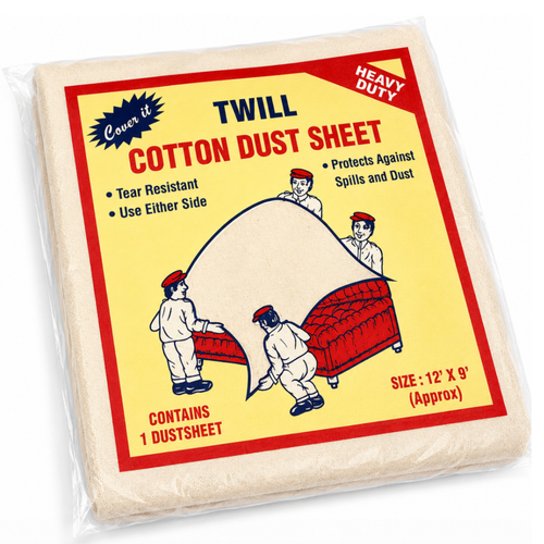 Twill cotton dust sheet packaging with illustrations and text on a white background