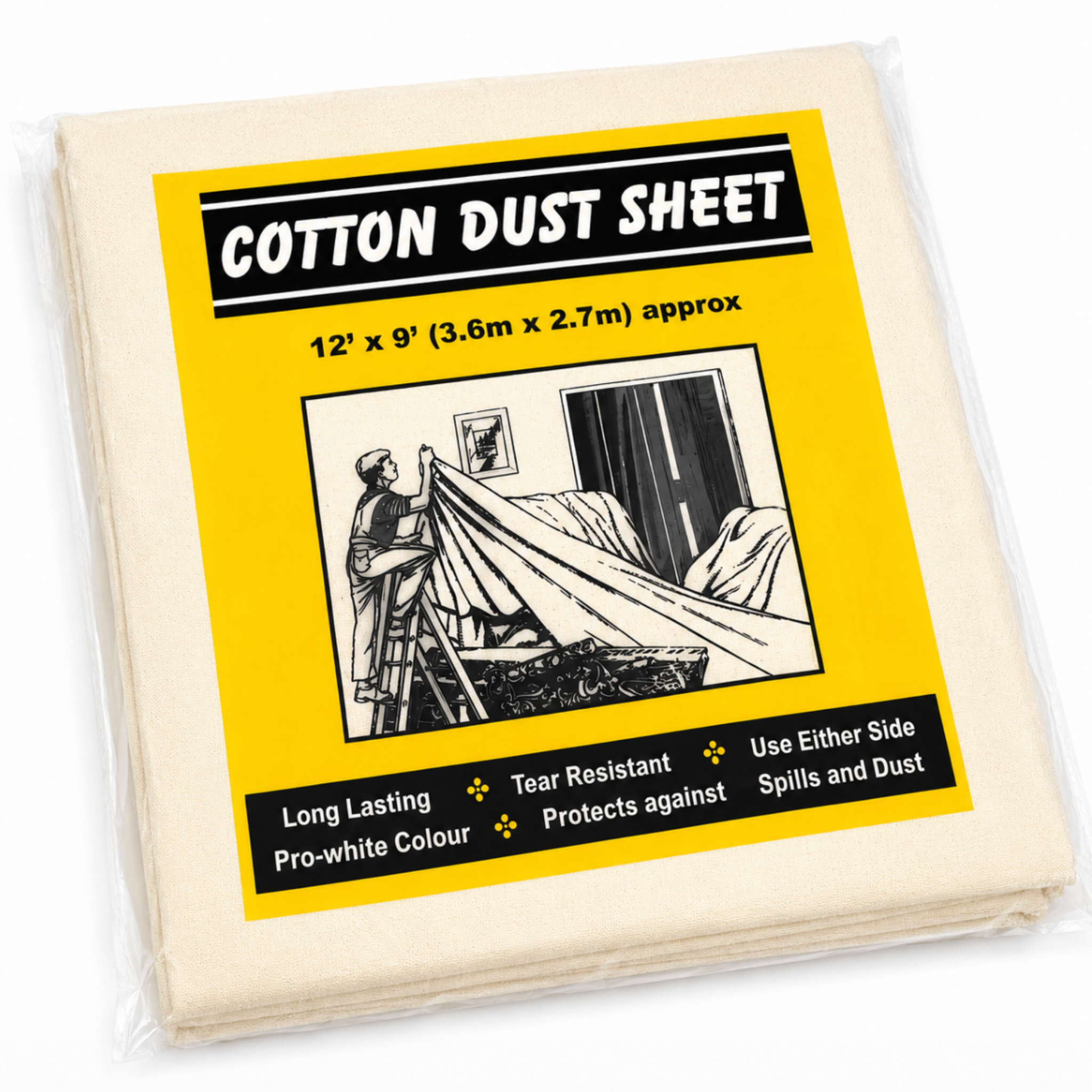 Cotton dust sheet packaging with yellow label on a white background