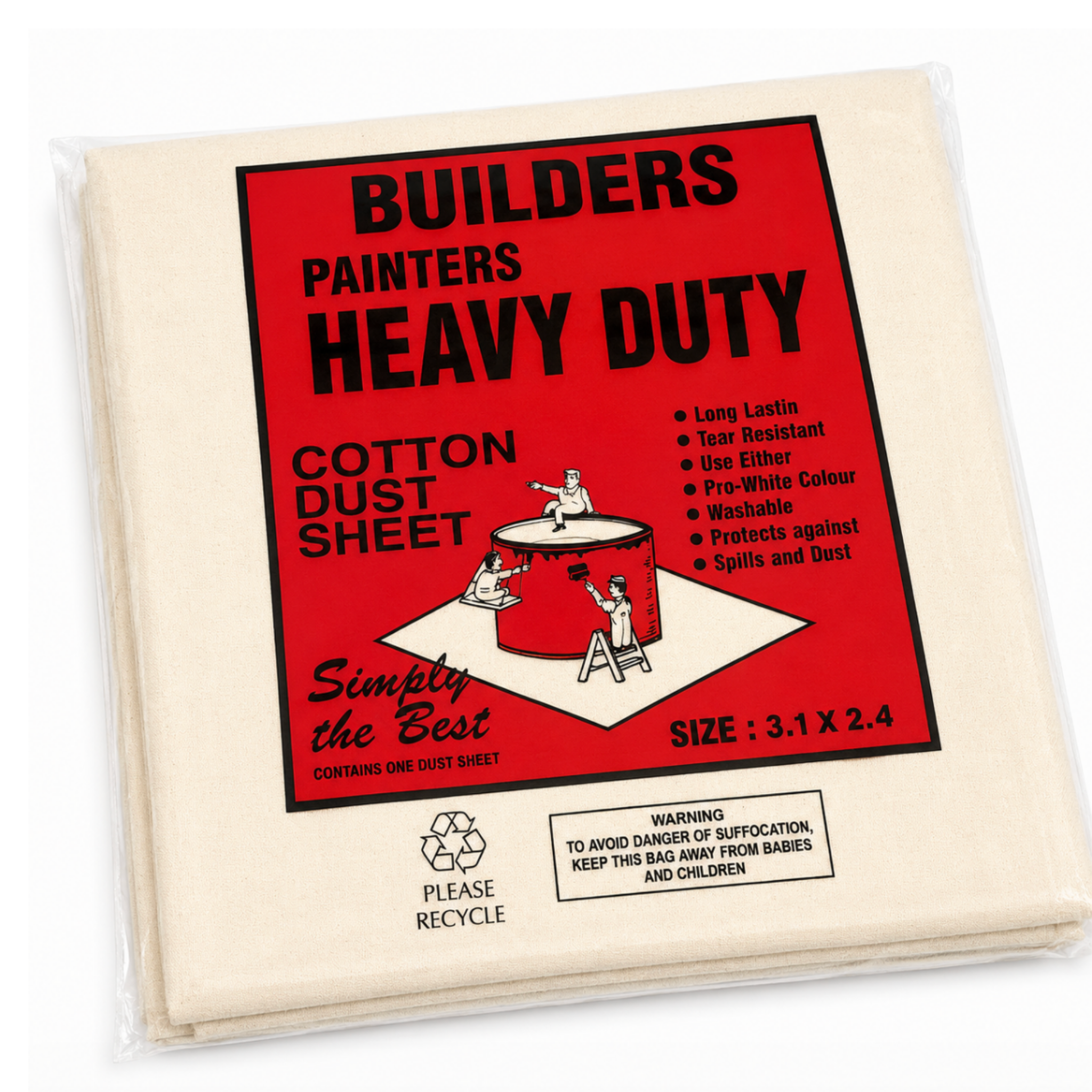 Builders' Heavy Duty Cotton Dust Sheet packaging with red label on a white background