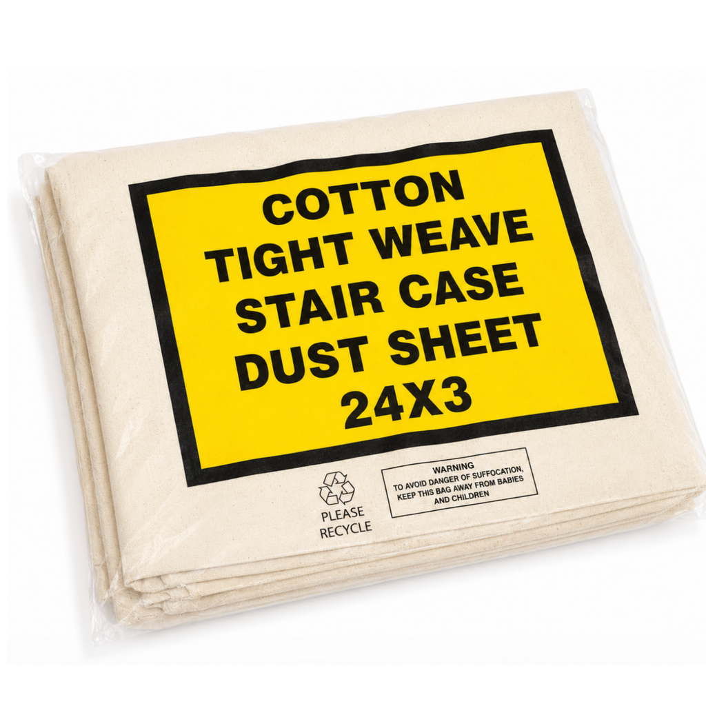 Cotton tight weave stair case dust sheet with yellow label on a white background