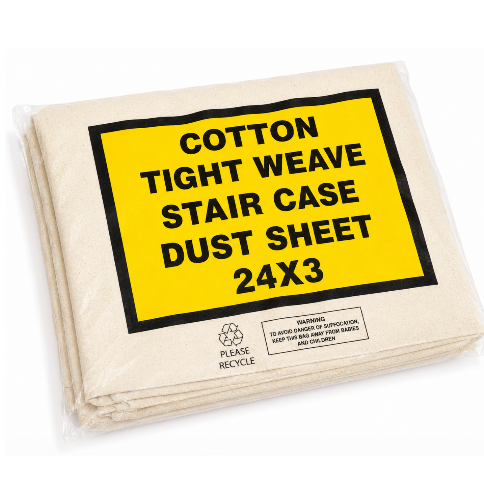 Cotton tight weave stair case dust sheet with yellow label on a white background