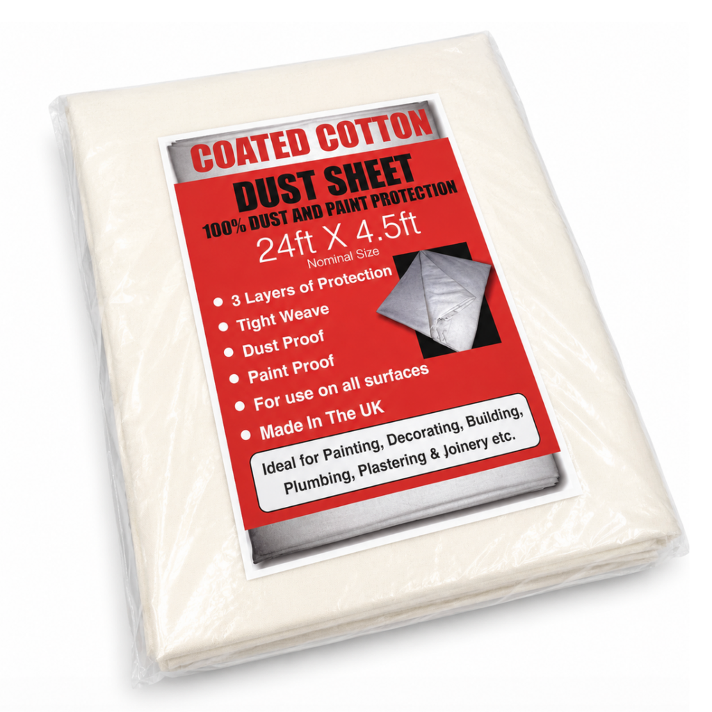 Coated cotton dust sheet packaging with red label on a white background