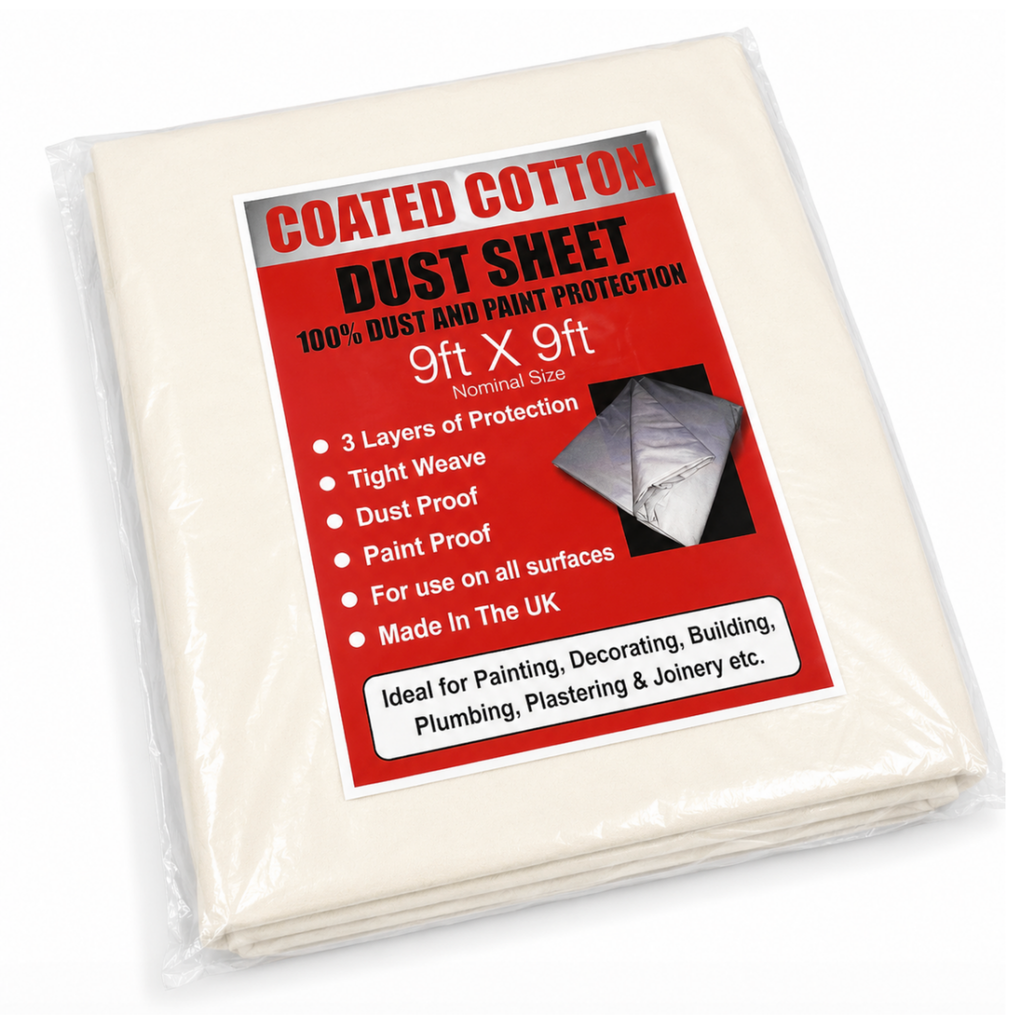 Coated cotton dust sheet packaging with red label on a white background