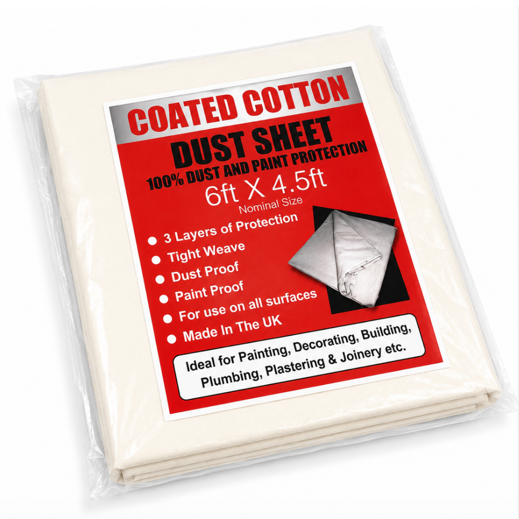 Coated cotton dust sheet packaging with red label on a white background