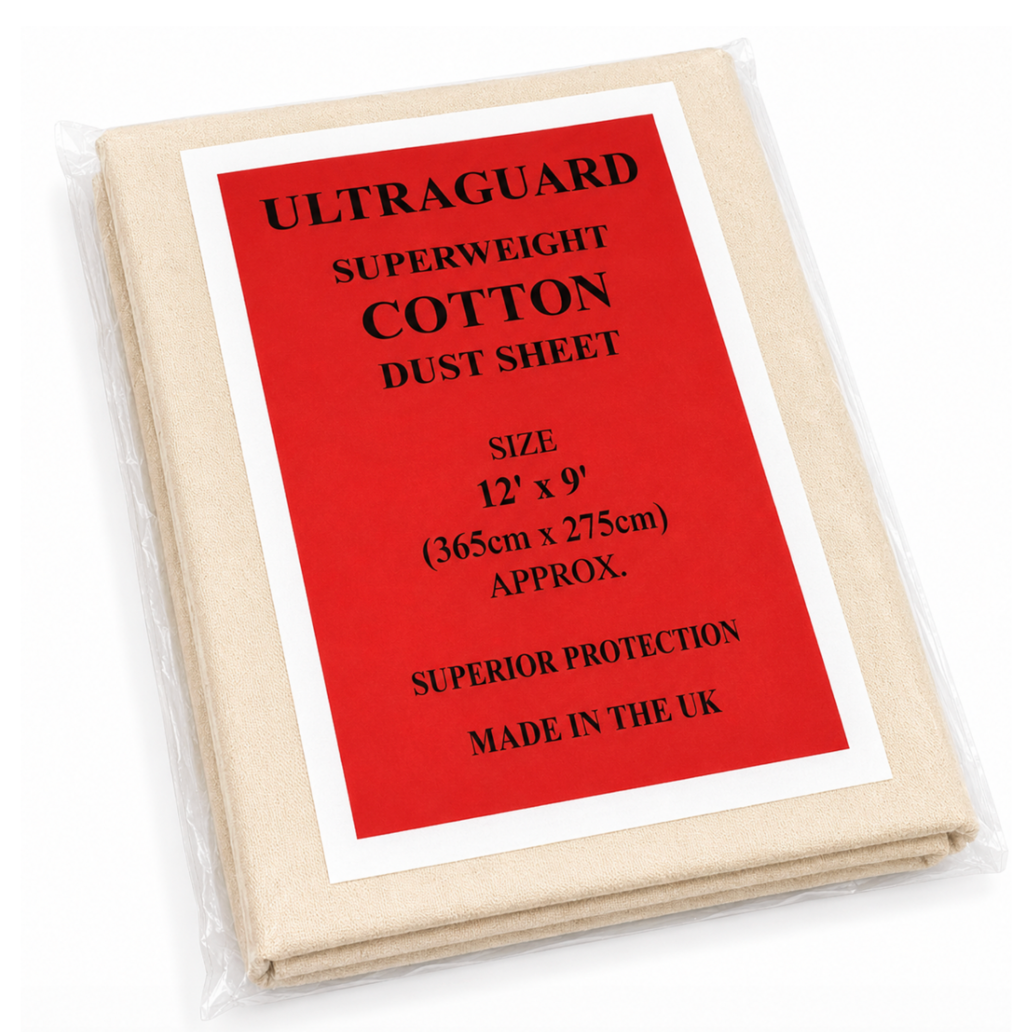 Folded Ultraguard superweight cotton dust sheet with red label on a white background